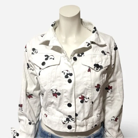 Disney Mickey & Minnie Mouse White Denim Crop Top Jacket Small - Picture 1 of 9